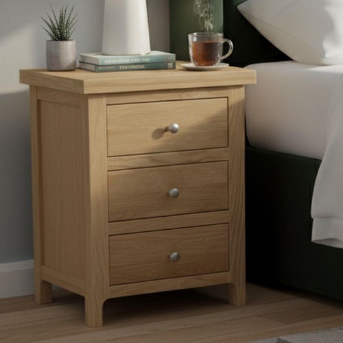 Solid oak three drawer bedside - drawer,